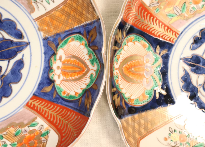 明治末～大正期　幻の窯元　源六窯　　　色絵扇松鶴文小皿　10枚　直径11.6㎝ 明治末～大正期 幻の窯元 源六窯 色絵扇松鶴文小皿 10枚 直径11.6