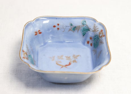 江戸中期瑠璃釉色絵人参と草花図角なます皿５客組 １客あたり傷