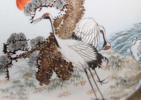 明治前期九谷焼色絵松鶴図通り物深小皿　甘手
