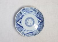 江戸幕末染付鳥と幾何学文図四弁小皿②　膨れ