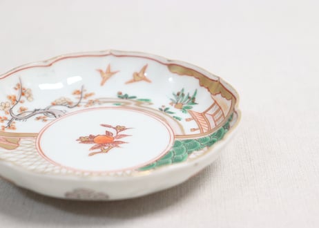 明治前期色絵網手に鶴と梅に鶯図通り物小皿②窯傷