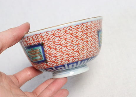 江戸後期色絵吉文字と七宝文図通り物飯茶碗　５客組