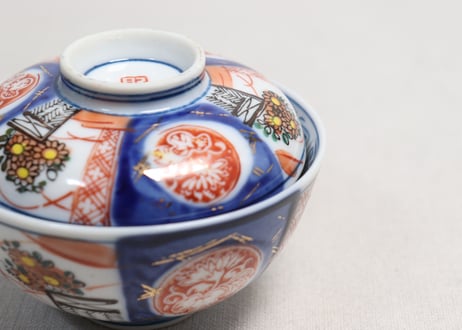 大正～昭和戦前ゴム判色絵菊図蓋茶碗