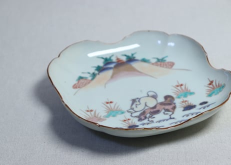 江戸中期色絵馬図四弁通り物7寸変形皿 　5客組