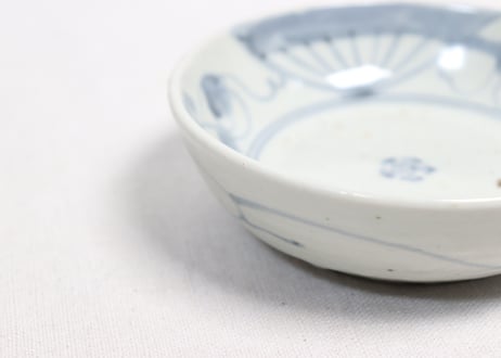 江戸中期染付扇面と巾着図くらわんかなます皿③薄め,フリモノ,窯傷