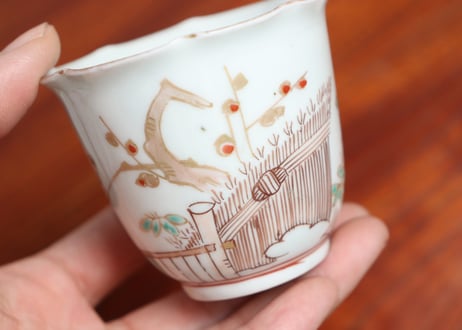江戸中期色絵芝垣に梅と鶯図輪花向付 五客組 1ヶノミホツ