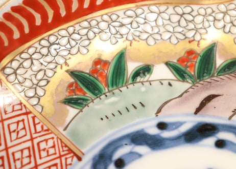 明治前期色絵桜に万年青図通り物7寸皿②少甘手