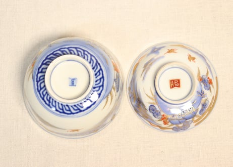 明治前期金彩染付山水図通り物飯茶碗