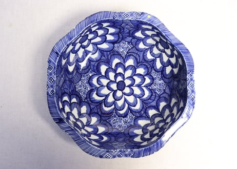 明治前期ベロ藍花図９寸鉢　ノミホツ
