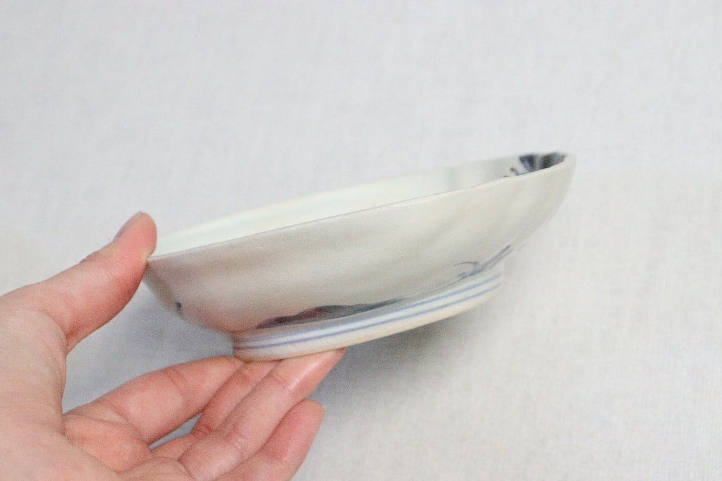 江戸時代　古平戸焼（三川内焼）染付　漢詩に草花文様　あわび形皿　鮑皿　アワビ皿 江戸時代 古平戸焼（三川内焼）染付 漢詩に草花文様 あわび形皿 鮑皿