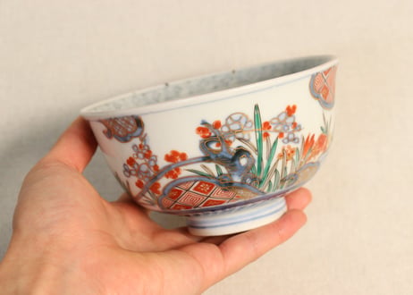 明治前期色絵杜若と梅図飯茶碗