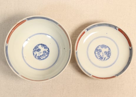 明治前期色絵獅子牡丹と幾何学文図飯茶碗②窯傷