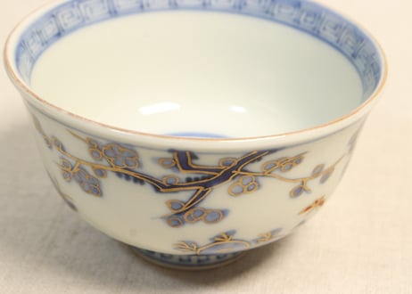 明治前期金彩四君子図通り物蓋なし茶碗