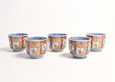 蓋茶碗□吸物碗 5客セット（江戸後期～明治）丸窓幾何学模様紋 洸春