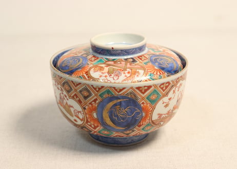 明治前期色絵梅と人物と青玉図蒸茶碗 5客組
