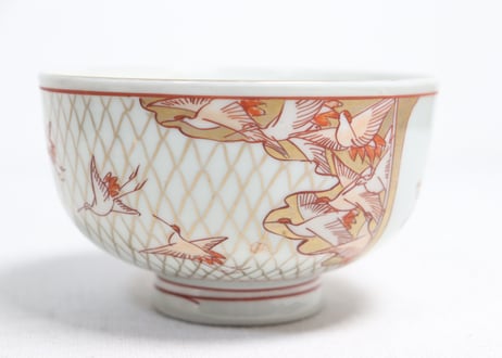 明治前期色絵網手に鶴と梅に鶯図通り物蒸茶碗①