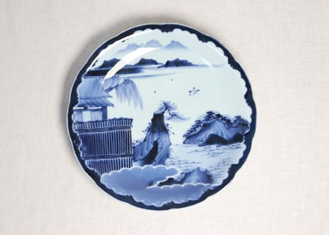 江戸幕末染付山水図尺皿 膨れ