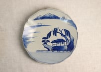 明治後期~大正銅判染付山水図9寸皿　ノミホツ,窯傷
