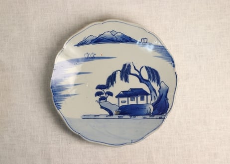 明治後期~大正銅判染付山水図9寸皿　ノミホツ,窯傷