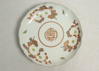 明治前期色絵三方菊図通り物7寸皿②文字小,蝶黄色