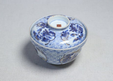 明治前期金彩染付山水図蓋茶碗