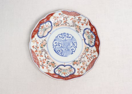 明治前期色絵梅に鶯と菖蒲図通り物7寸皿②かたつき