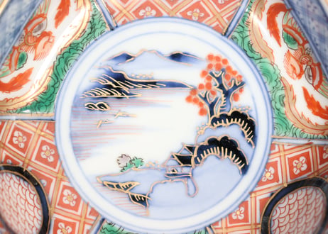 明治前期大聖寺焼色絵山水に鳳凰と幾何学文六角小鉢