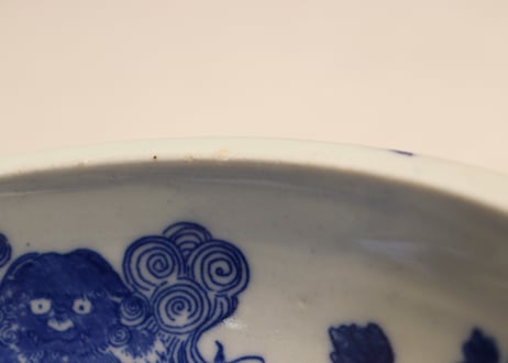 明治後期~大正銅判獅子牡丹図6寸鉢 ノミホツ,ムシクイ