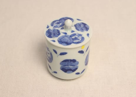 江戸幕末染付蝶と草花図火入れ,灰吹きセット 灰吹き小ホツ,ニュウ