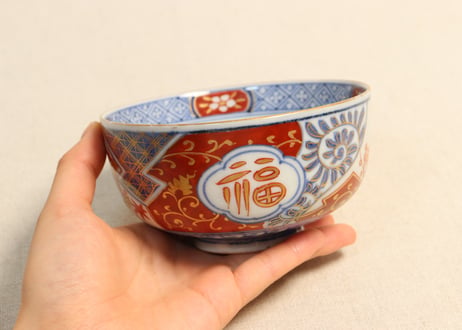 明治前期色絵松竹梅に福寿文字図蒸茶碗 シミあり