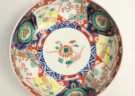 明治前期色絵松竹梅と鶴図8寸鉢②釉剥げ