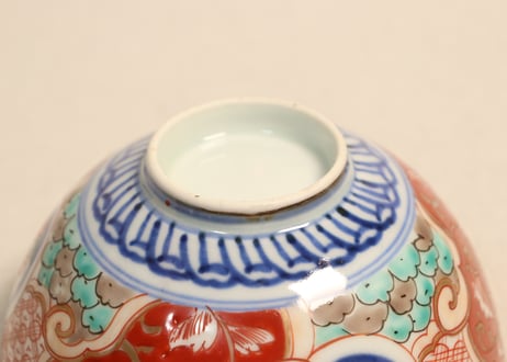 明治前期色絵獅子牡丹と幾何学文図飯茶碗③少甘手,小ニュウ