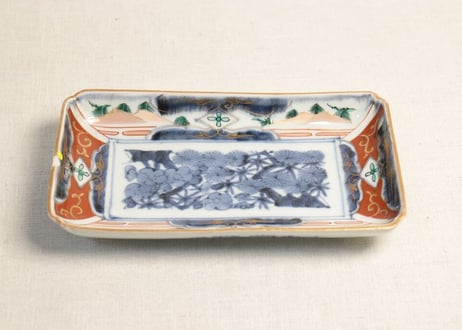 【金継ぎ用】江戸中期色絵松竹梅に杉図長皿 ホツ