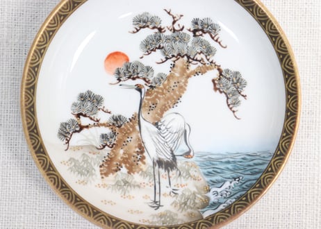 明治前期九谷焼色絵松鶴図通り物豆皿　甘手