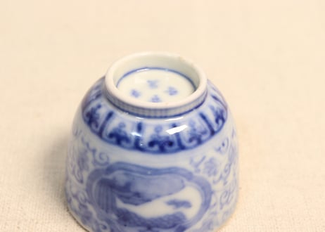 明治前期染付三方に山水窓絵と萩唐草図イゲ縁通り物小向付