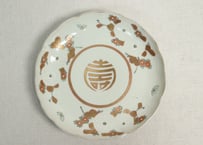 明治前期色絵三方菊図通り物7寸皿①文字大,蝶青色