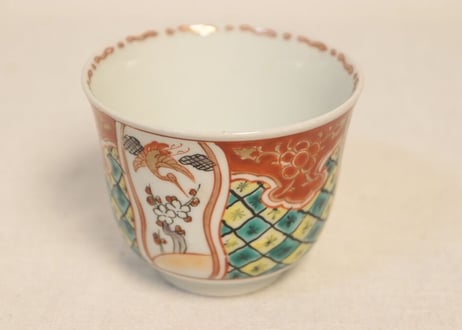 明治前期色絵三方に鶴と梅,見込みに兎図向付 ノミホツ
