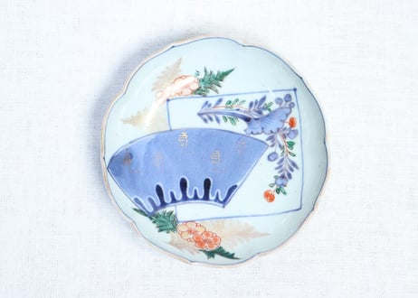 江戸中期色絵扇面に牡丹と羊歯図なます皿　5客組　１客高台ホツ