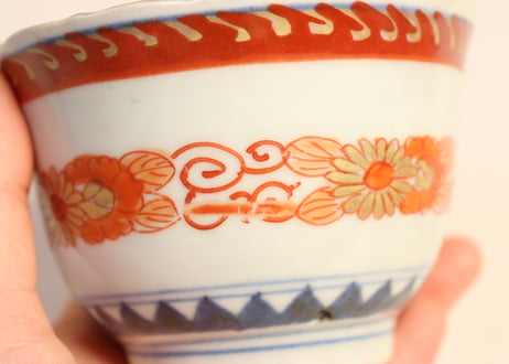 江戸幕末色絵四方に菊と唐草図向付 5客組