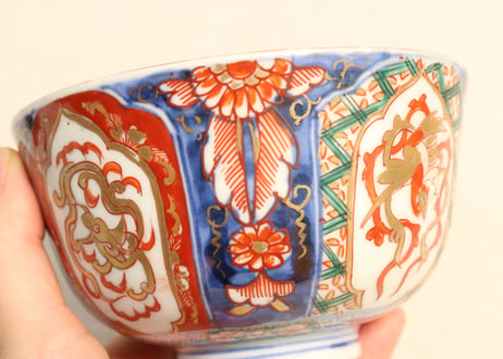 明治前期色絵四方に龍と鳳凰図通り物飯茶碗