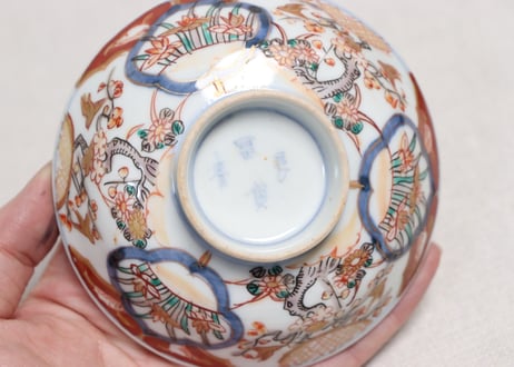 明治前期色絵梅に鶯と菖蒲図通り物飯茶碗
