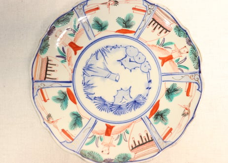 明治後期～大正色絵唐子と松鶴図7寸皿