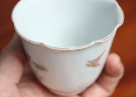江戸中期色絵芝垣に梅と鶯図輪花向付 五客組 1ヶノミホツ
