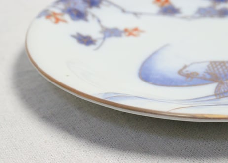 明治後期～大正銅判赤絵紅葉と鯉図6寸皿