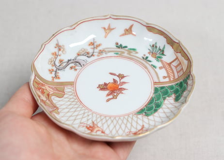 明治前期色絵網手に鶴と梅に鶯図通り物小皿②窯傷