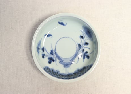 江戸中期染付竹と菊に蝙蝠図なます皿① かたつき
