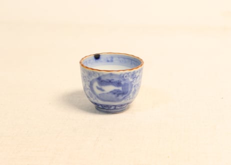 送料無料　旧家蔵出　江戸時代山水楼閣図染付湯呑/蕎麦猪口/茶杯５客　茶道具 江戸時代後期 文化12年製 染錦 楼閣山水図 帆掛け舟図 そば猪口