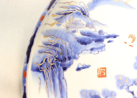明治後期～大正金彩銅判山水図丸縁尺1寸深皿　ムシクイ,色擦れ