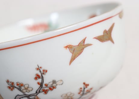 明治前期色絵網手に鶴と梅に鶯図通り物蒸茶碗②高台ホツ,高台内柄無し