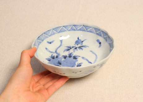 江戸幕末染付牡丹図なます皿② フリモノ,少甘手